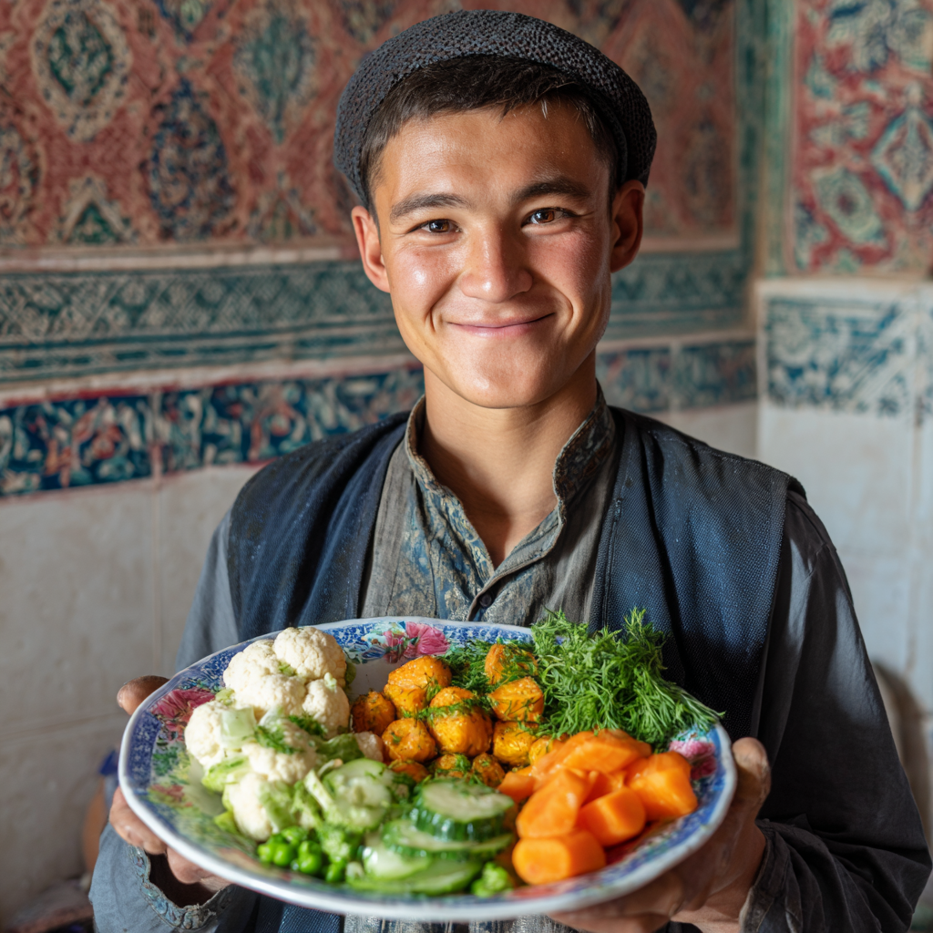 Happy middle-aged Uzbek woman enjoying healthy meal preparation in a bright modern kitchen