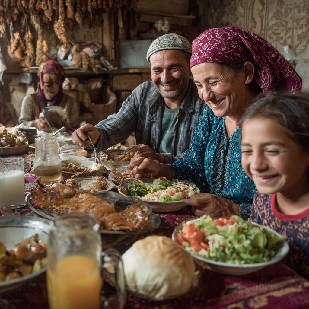 Group of diverse Uzbek adults of various ages participating in healthy cooking workshop together